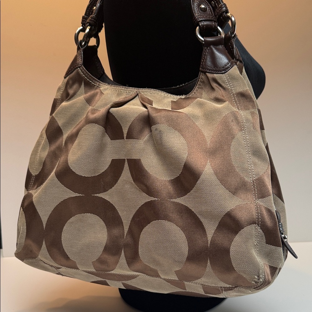 Coach Brown and Tan Signature Shoulder Bag